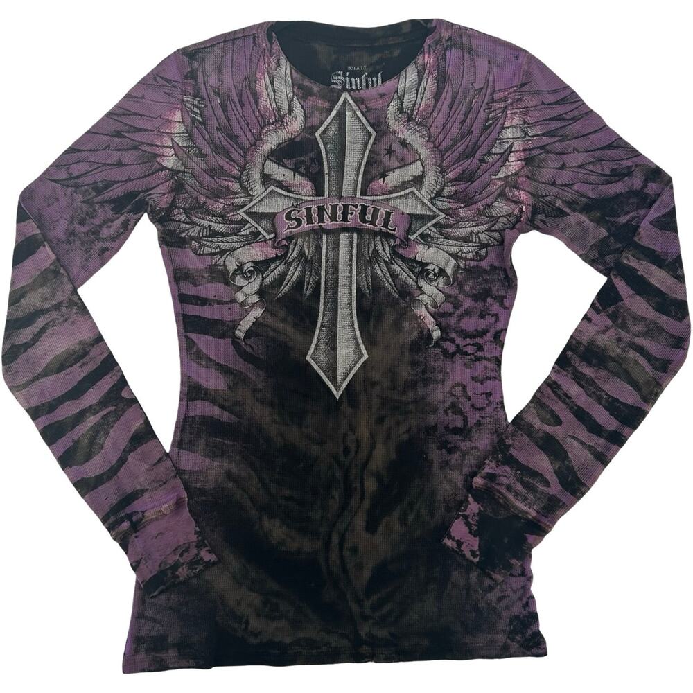 VTG y2k Women's Purple Sinful Affliction Cross Angel Wings Thermal Long Sleeve~S